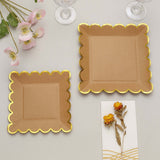 25 Pack | 7 Square Natural Brown Paper Salad Plates With Gold Scalloped Rim, Party Plates