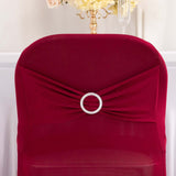 Burgundy Spandex Folding Chair Covers with Silver Rhinestone Buckled Sash Band