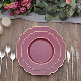 11inch Burgundy Heavy Duty Disposable Baroque Dinner Plates with Gold Rim, Hard Plastic Dinnerware