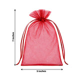 Red organza gift bag, 7 inches tall and 5 inches wide, with drawstring closure.