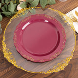 10 Pack | 10inch Burgundy With Gold Vintage Rim Disposable Dinner Plates With Embossed 