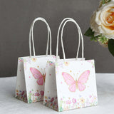 12 Pack Pink Glitter Butterfly Paper Favor Bags With Handles, Floral Print White Gift Bags