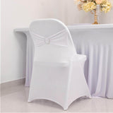 White Spandex Folding Chair Covers with Silver Rhinestone Buckled Sash Band