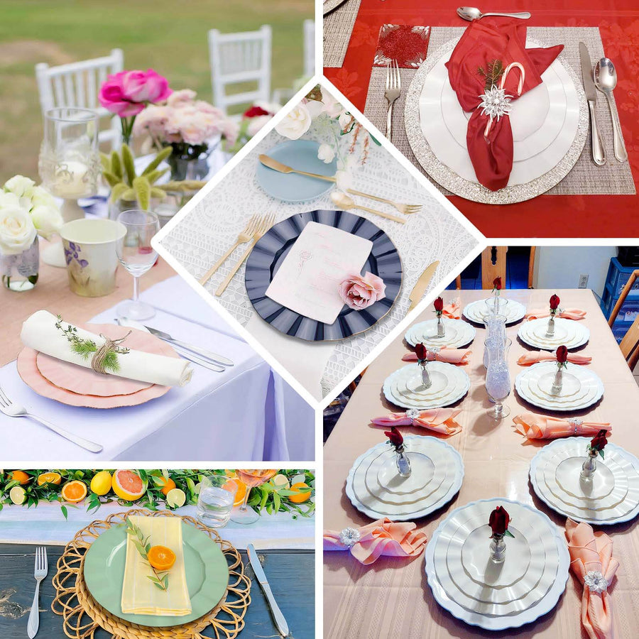 10-Pack Plastic 9" Round Dinner Plates in Cinnamon Brown Ruffled Rim with Gold Edging - Sturdy Disposable Dinnerware