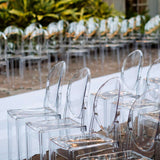 4 Pack Stackable Clear Acrylic Ghost Banquet Chairs with Oval Back, Fully Assembled Armless Event