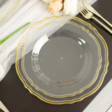 10 Pack | 9inch Clear / Gold Scalloped Rim Disposable Dinner Plates, Plastic Party Plates