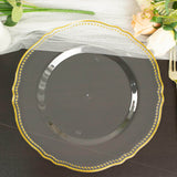 10 Pack | 10inch Clear / Gold Scalloped Rim Disposable Dinner Plates, Large Plastic Party Plates