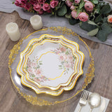 25 Pack | 8inch White/Gold Floral Scallop Rim Salad Party Paper Plates, Appetizer Dessert Plates