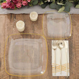 10 Pack | 10inch Clear with Gold Rim Square Plastic Lunch Party Plates, Disposable Dinner Plates