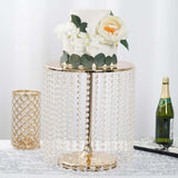 14" Round 16" Tall Metallic Gold Cake Stand, Cupcake Dessert Pedestal With Crystal Chains