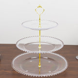 Clear 3-Tier Plastic Dessert Display Stand With Beaded Rim, Round Cupcake Tower