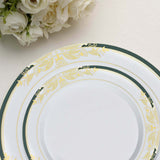 10 Pack | 10inch White With Hunter Emerald Green Rim Plastic Dinner Plates With Gold Vine Design