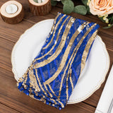 Royal Blue Gold Wave Embroidered Sequin Mesh Dinner Napkin, Reusable Decorative Napkin