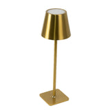 Gold modern table lamp with a sleek design and a round shade. #whtbkgd