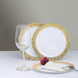 10 Pack | 10inch White Hammered Design Plastic Dinner Plates With Gold Rim