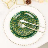 20 Pack Set | 9inch, 7inch Hunter Emerald Green Geometric Gold Print Plastic Plates