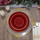 25 Pack | 10inch Burgundy Sunray Gold Rimmed Serving Dinner Paper Plates, Disposable Party Plates