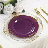 10-Pack Plastic 10inch Round Dinner Plates in Purple with Gold Leaf Embossed Rim Disposable Vintage