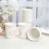 24 Pack White Pink French Toile Party Cups, Elegant Disposable Paper Cups - 9oz