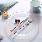 10 Pack | 10inch Très Chic Rose Gold Rim Clear Disposable Dinner Plates, Plastic Party Plates