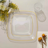 10 Pack | 7inch Clear with Gold Rim Square Plastic Salad Party Plates, Dessert Appetizer Plates