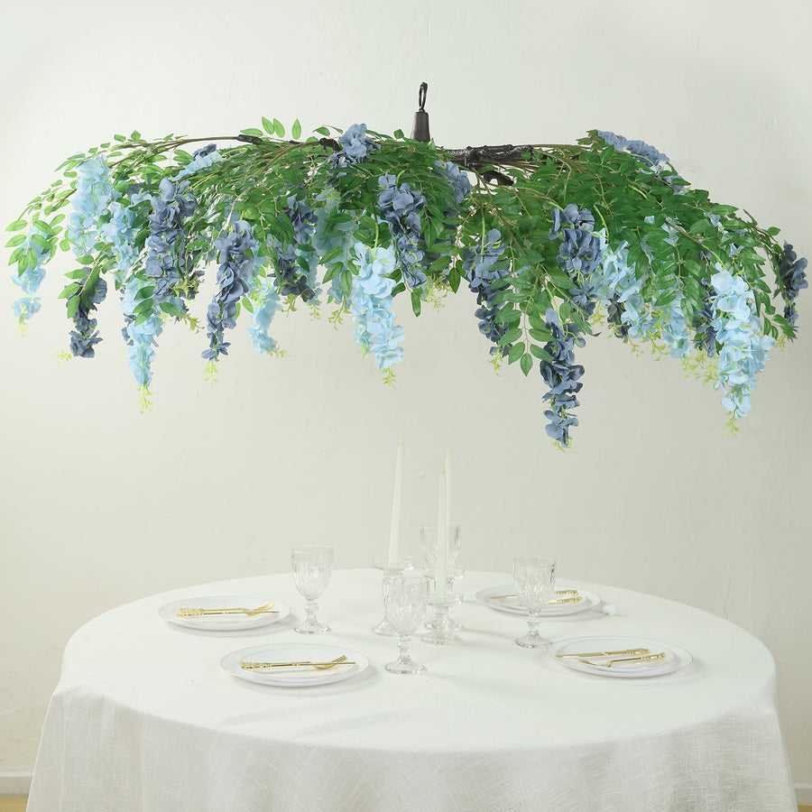 Artificial floral chandelier with blue and green foliage