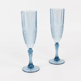 6 Pack Dusty Blue Crystal Cut Reusable Plastic Wedding Flute Glasses, 8oz Shatterproof