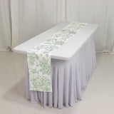 Polyester Table Runner 12x108inch White with Dusty Sage Green French Toile