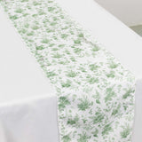 Dusty Sage Green Floral Polyester Table Runner in French Toile Pattern - 12x108inch