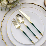 24 Pack | Gold / Hunter Emerald Green European Plastic Silverware Set with Roman Column Handle