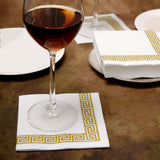 25 Pack White Linen-Feel Beverage Napkins with Gold Greek Key Print