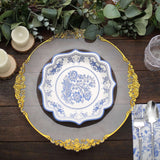 25-Pack Paper Dessert Plates in White with Light Blue Damask Floral Print & Scallop Rim