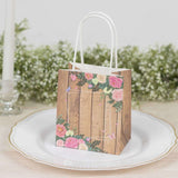 12 Pack Natural Wood Print Paper Party Favor Bags with Rose Floral Accent, Small Gift Goodie Bags