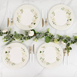 25 Pack White Sage Green Party Paper Plates with Floral Lined Rim, Disposable Dinner Plates