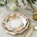 25 Pack | 8inch White / Rose Gold Floral Scallop Rim Salad Party Paper Plates, Dessert Plates