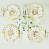 25 Pack White Gold Disposable Party Plates in French Toile Floral Pattern 10inch Paper Dinner Plate