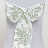 Polyester Chair Sashes White Dusty Sage Green French Toile Floral Design#whtbkgd
