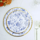 25 Pack | 7inch Blue Chinoiserie Floral Disposable Salad Plates with Gold Rim