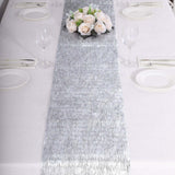 Silver Metallic Fringe Shag Tinsel Table Runner, Shimmery Polyester Table Runner