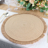 15inch Round Natural Rustic Burlap Jute Placemats Fringed Edges, Farmhouse Placemats with Trim