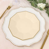 25 Pack | 9inch Beige Gold Foil Rim Geometric Dinner Paper Plates, Decagon Disposable Plates