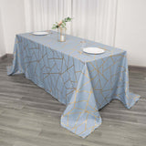 90inch x 132inch Dusty Blue Rectangle Polyester Tablecloth With Gold Foil Geometric Pattern