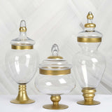 Set of 3 | Large Gold Trim Glass Apothecary Party Favor Candy Jars With Snap On Lids