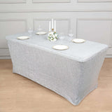 6ft Silver Metallic Shimmer Tinsel Spandex Table Cover, Rectangular Fitted Tablecloth