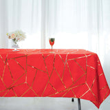 60"x102" Red Rectangle Polyester Tablecloth With Gold Foil Geometric Pattern