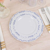 10 Pack White Blue Vintage Rim Disposable Salad Plates With Embossed Scalloped Edges