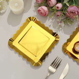 50 Pack | 5inch Gold Foil Scalloped Rim Appetizer Paper Plates, Disposable Square Dessert Plates