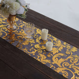 12x108inch Metallic Gold Sheer Organza Table Runner with Swirl Foil Flower Design