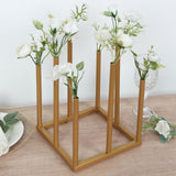 Gold Metal 8-Tubes Single Stemmed Flower Vase Centerpiece with Hollow Square Base