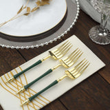 24 Pack | 6inch Gold / Hunter Emerald Green Plastic Dessert Forks With Roman Column Handle